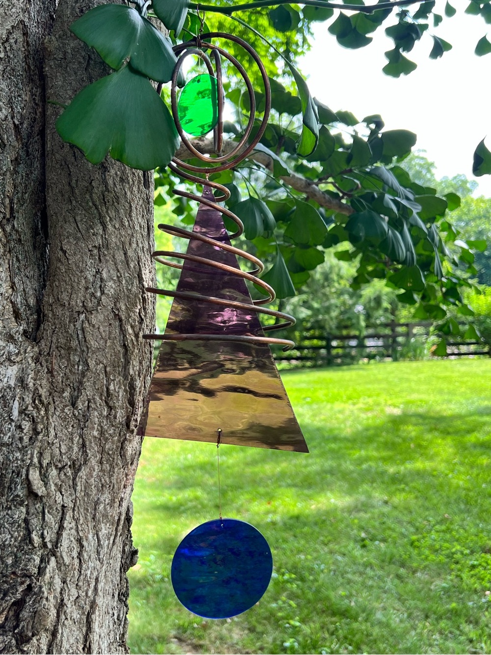 Handcrafted Green, Purple and Blue stained glass & Metal Wind Chime
